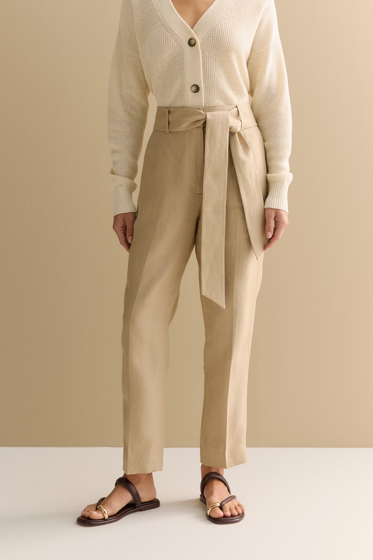 Linen Twill Belted Straight Leg Pant