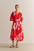 Stencil Palm Blouson Sleeve Tie Waist Dress