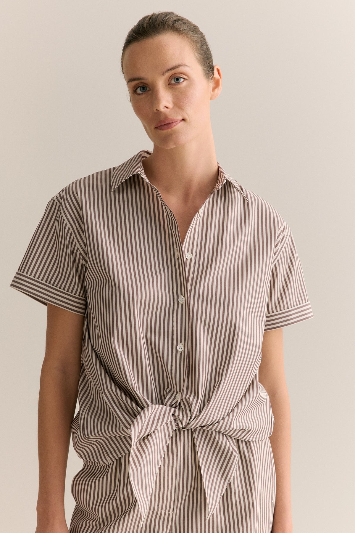 Cotton Poplin Stripe Tie Front Shirt