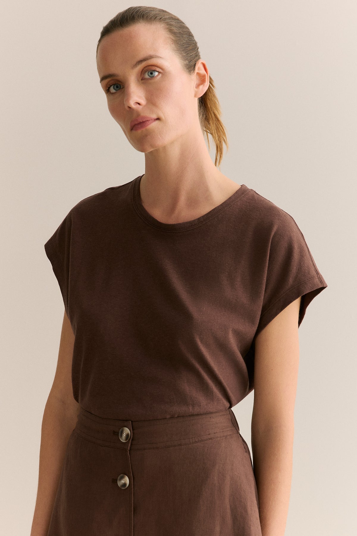 Linen Cotton Relaxed Cap Sleeve T-Shirt