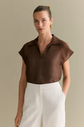 Linen Silk Collared Short Sleeve Top