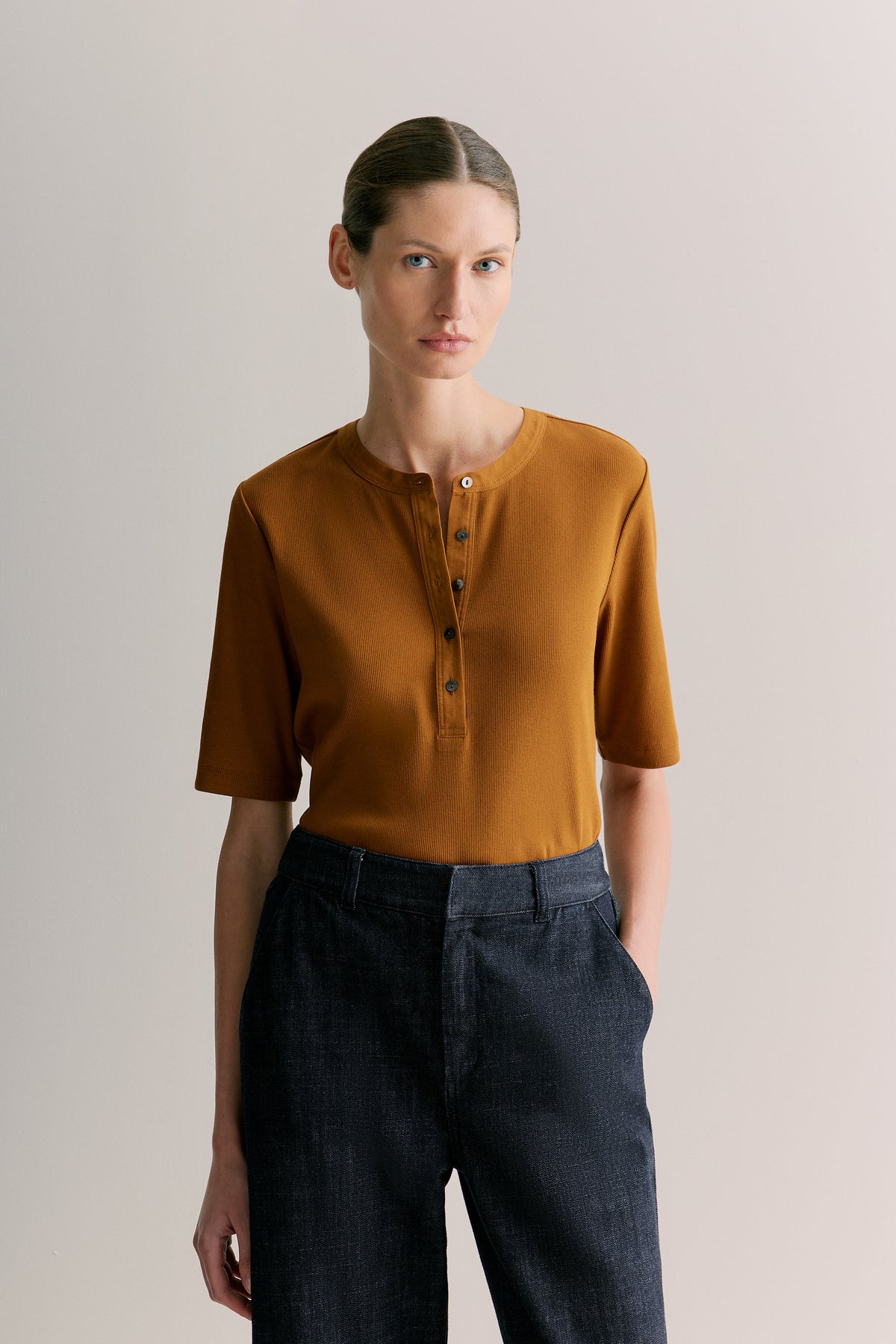 Cotton Rib Half Sleeve Henley