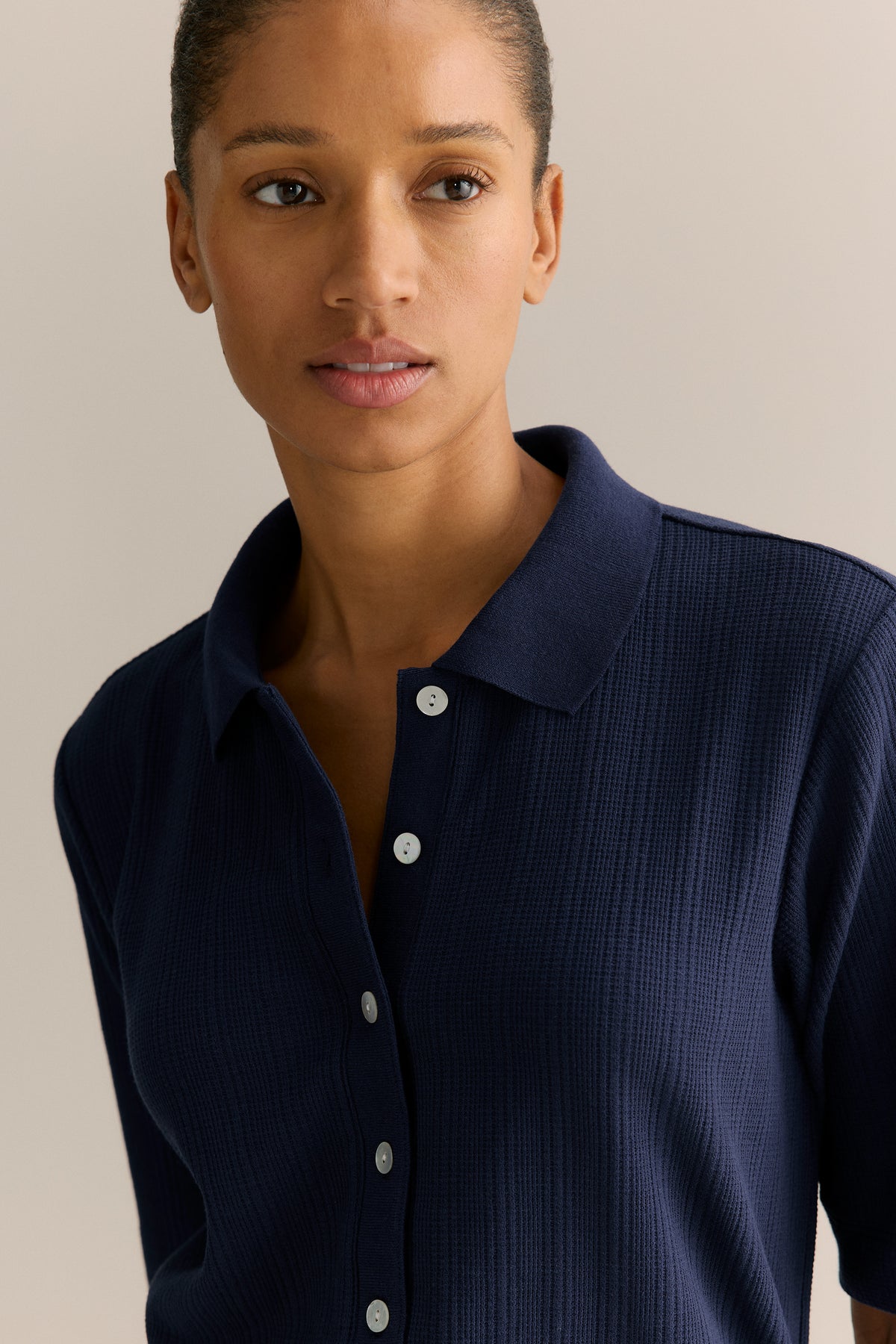 Jacquard Half Sleeve Button Through T-Shirt