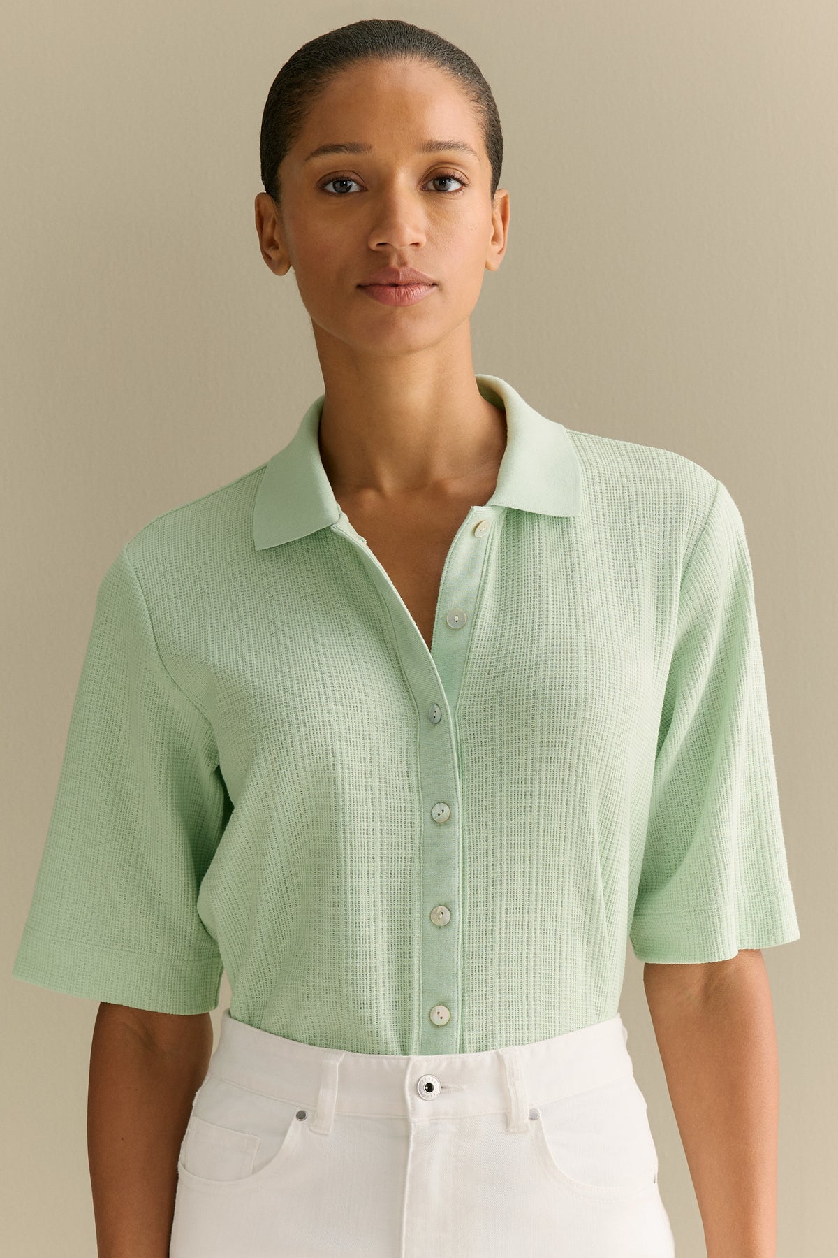 Jacquard Half Sleeve Button Through T-Shirt