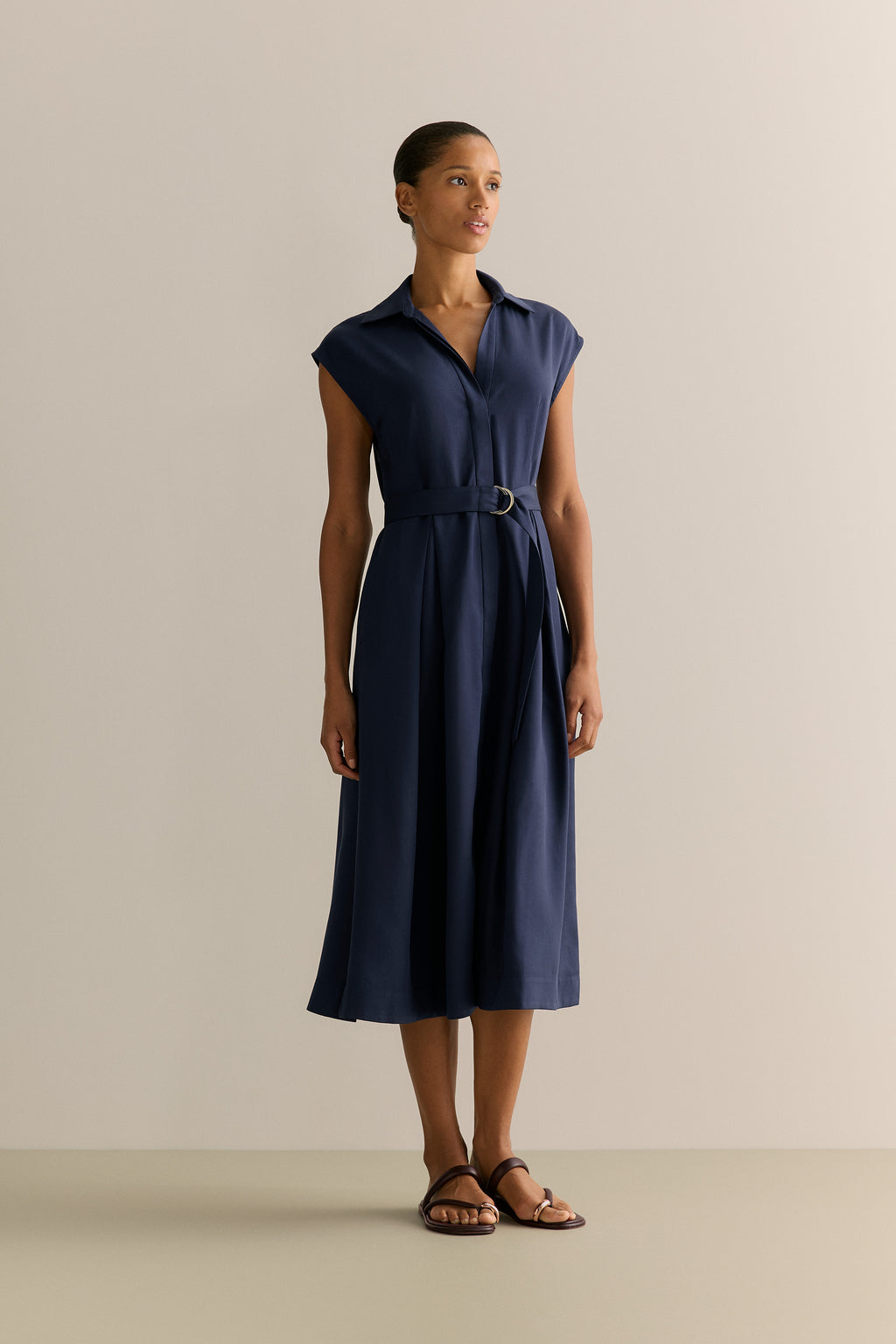 Soft Pleat Belted Dress