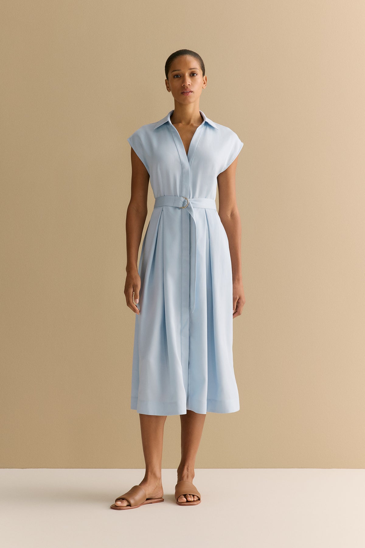 Soft Pleat Belted Dress