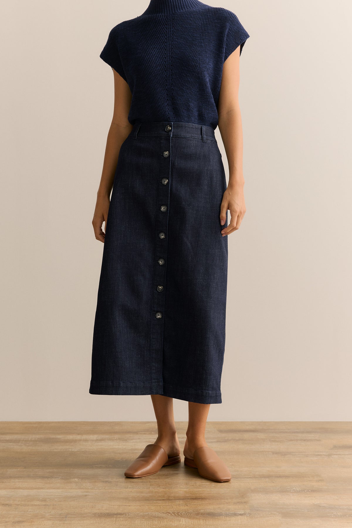 Cotton Blend Denim Button Through Skirt