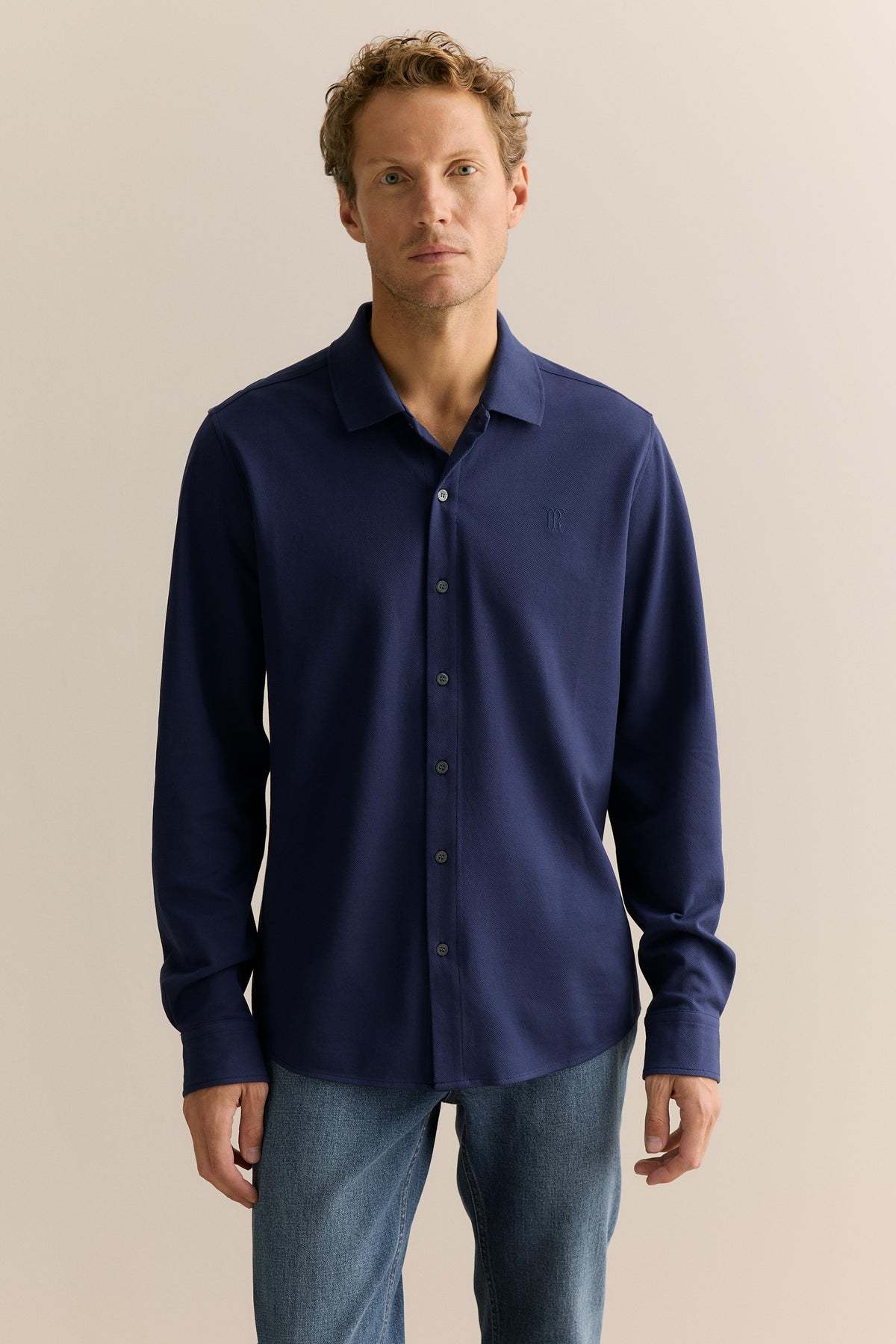 Tailored Fit Pique Cotton Monogram Shirt