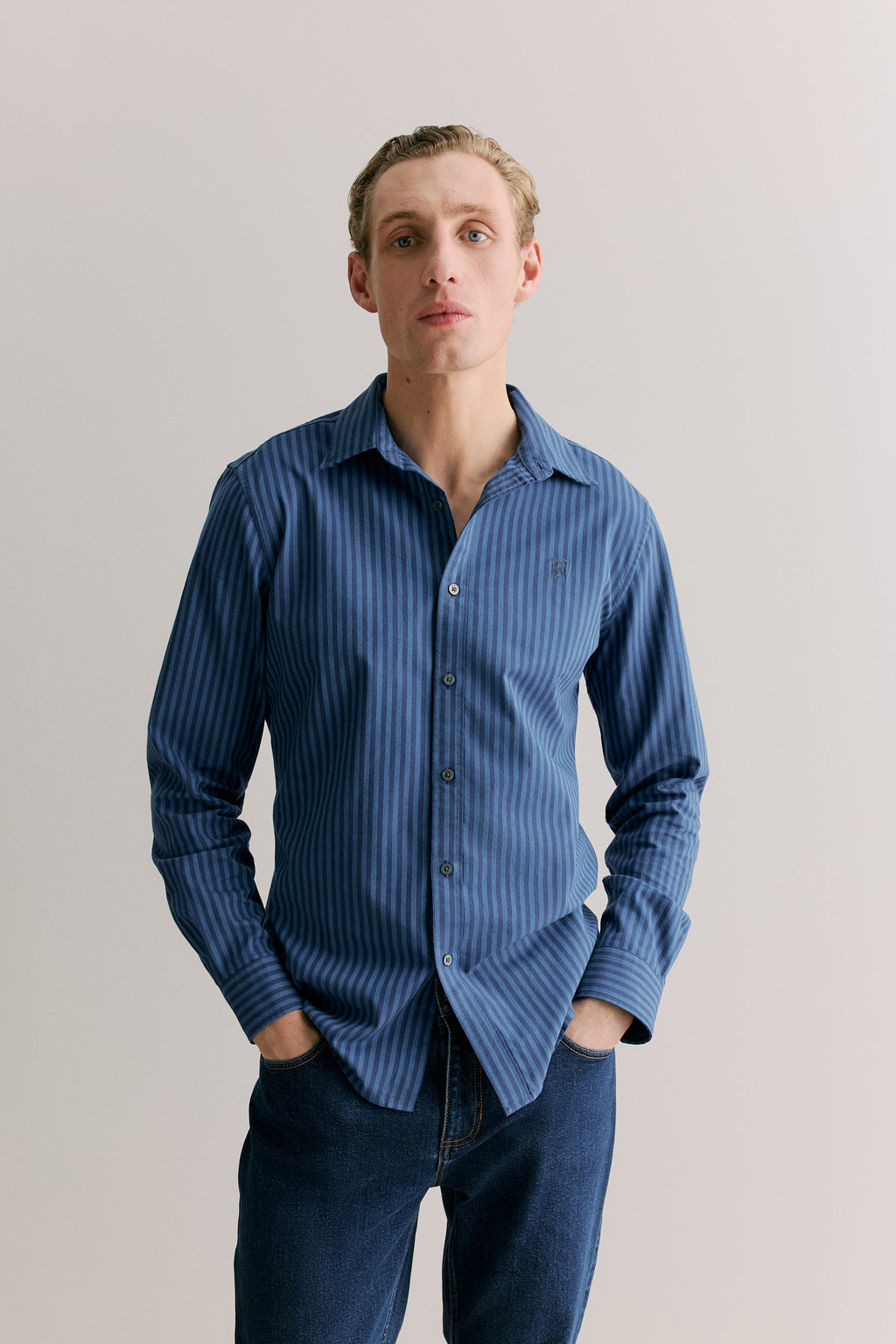 Regular Fit Cotton Stripe Monogram Oxford Shirt