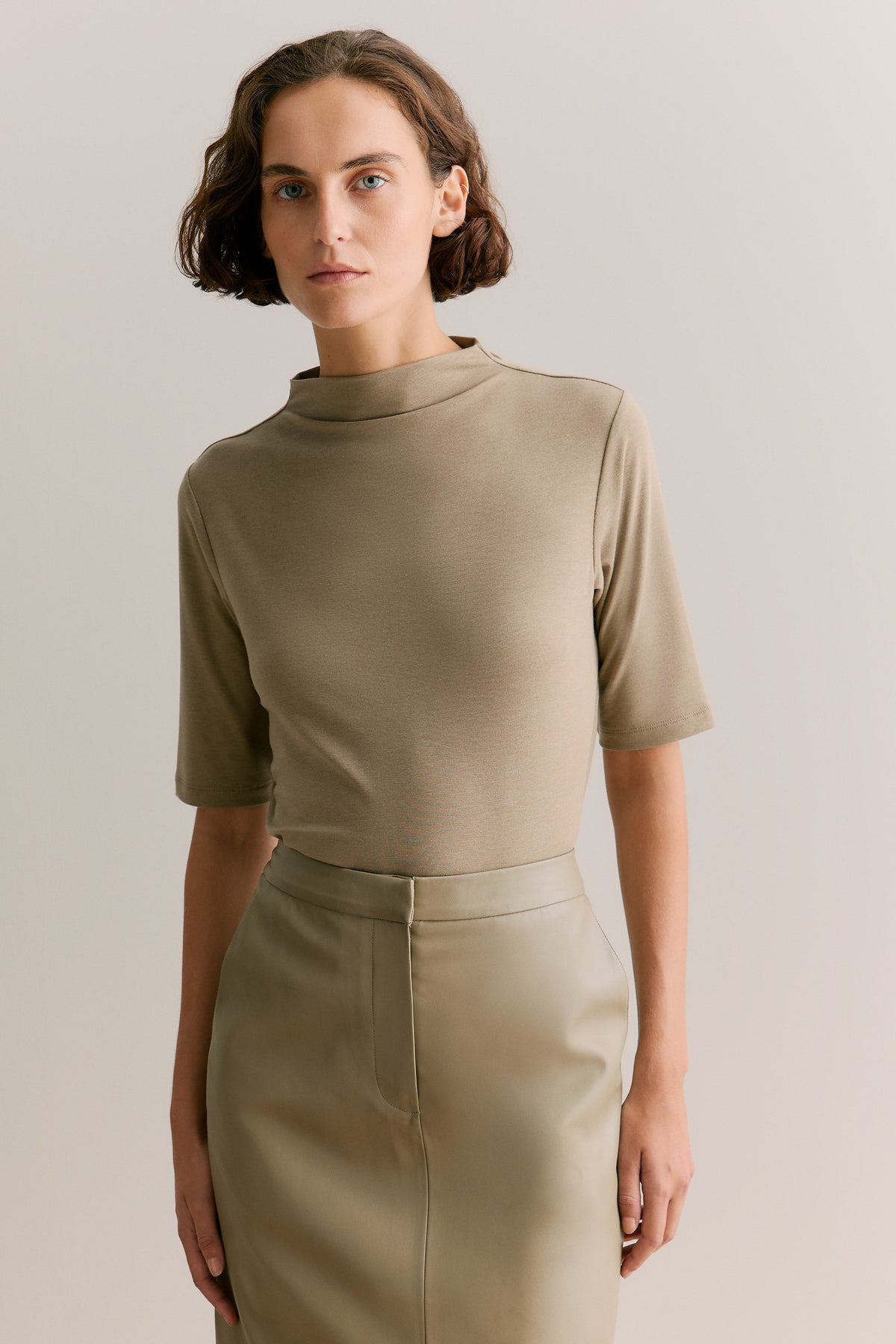 Lyocell Wool Rib Mock Neck T-Shirt