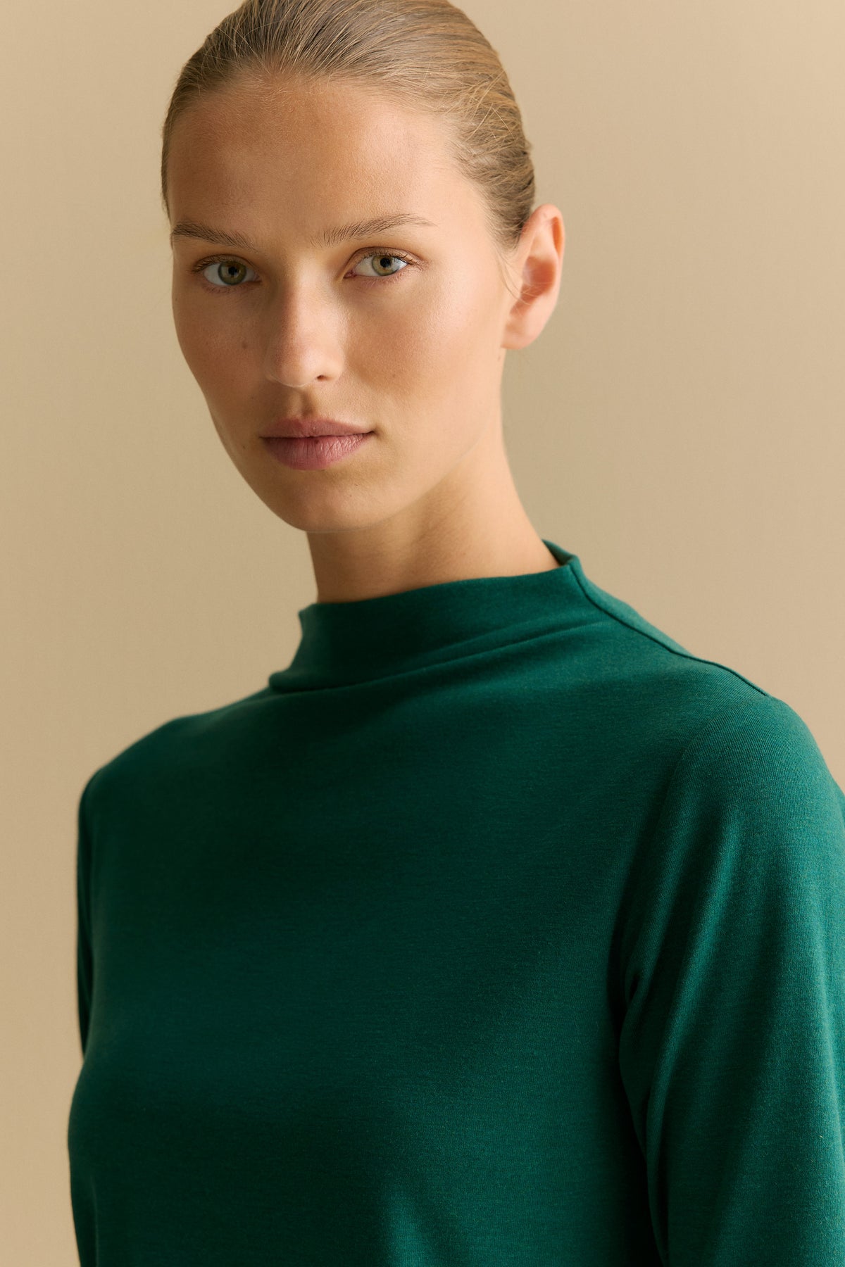 Lyocell Wool Rib Mock Neck T-Shirt