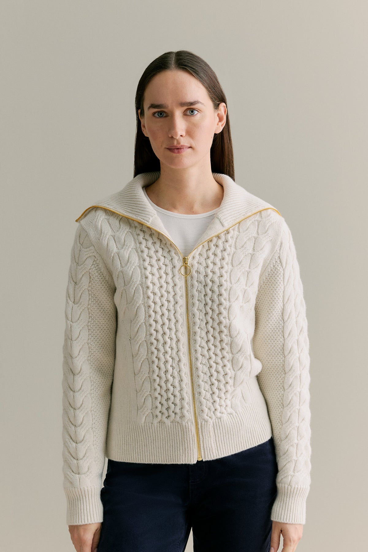 Wool Cable Zip Through Cardigan