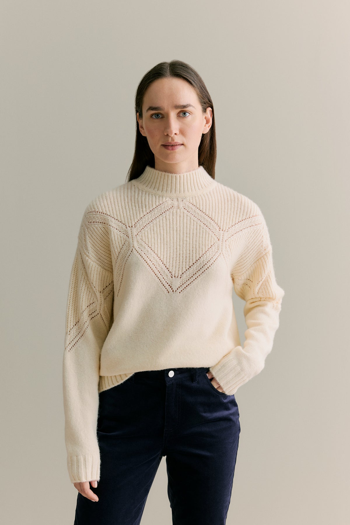 Wool Cotton Textured Mock Neck Pullover