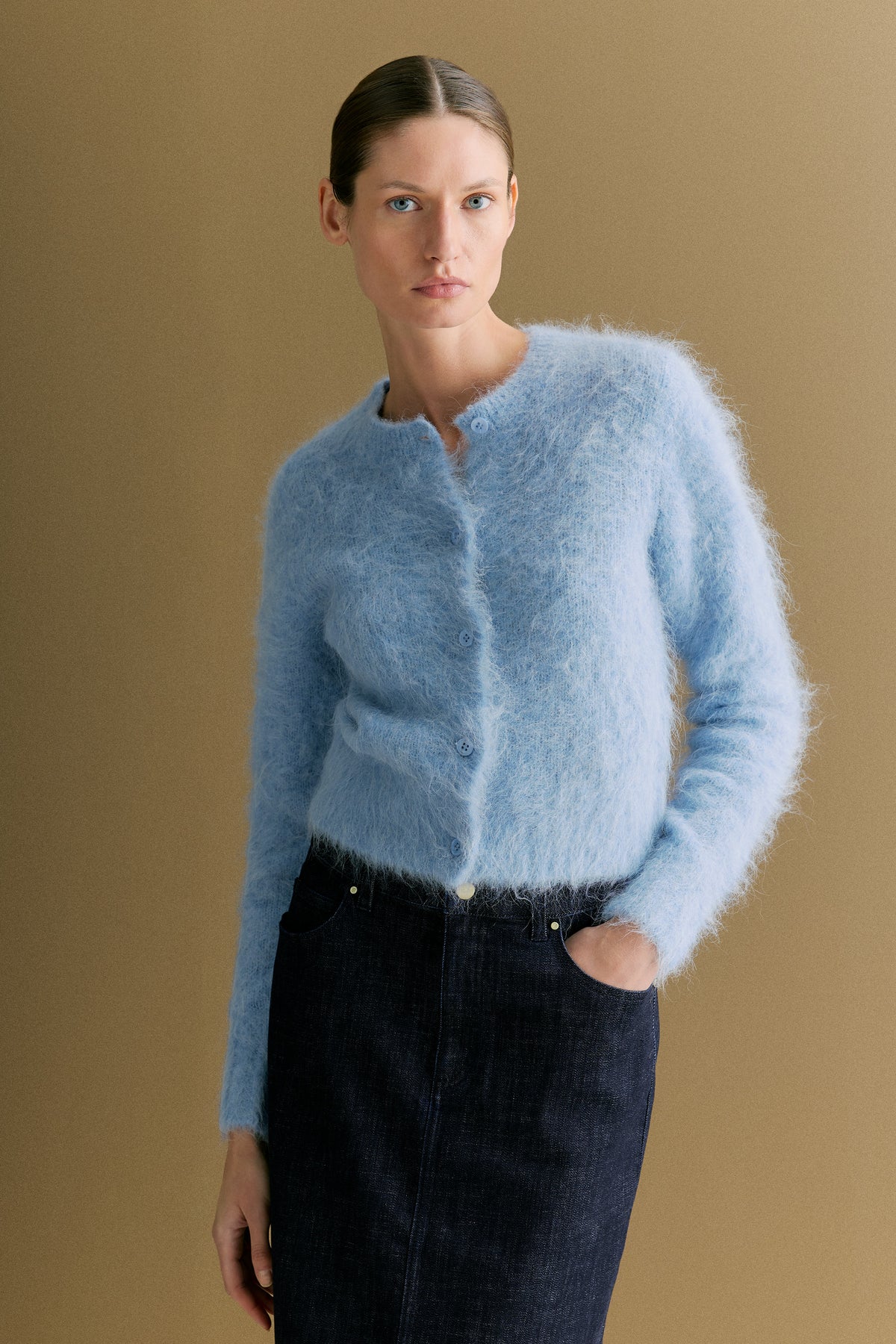 Alpaca Blend Cropped Crew Cardigan