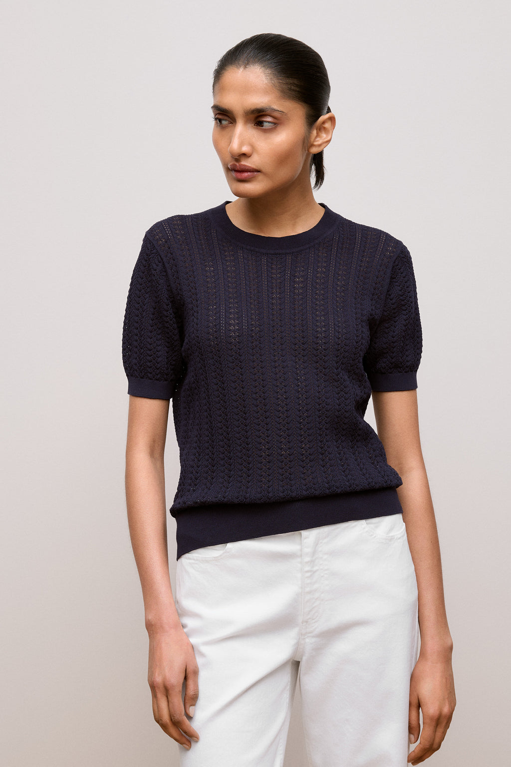 Mercerised Cotton Pointelle Knit T-Shirt