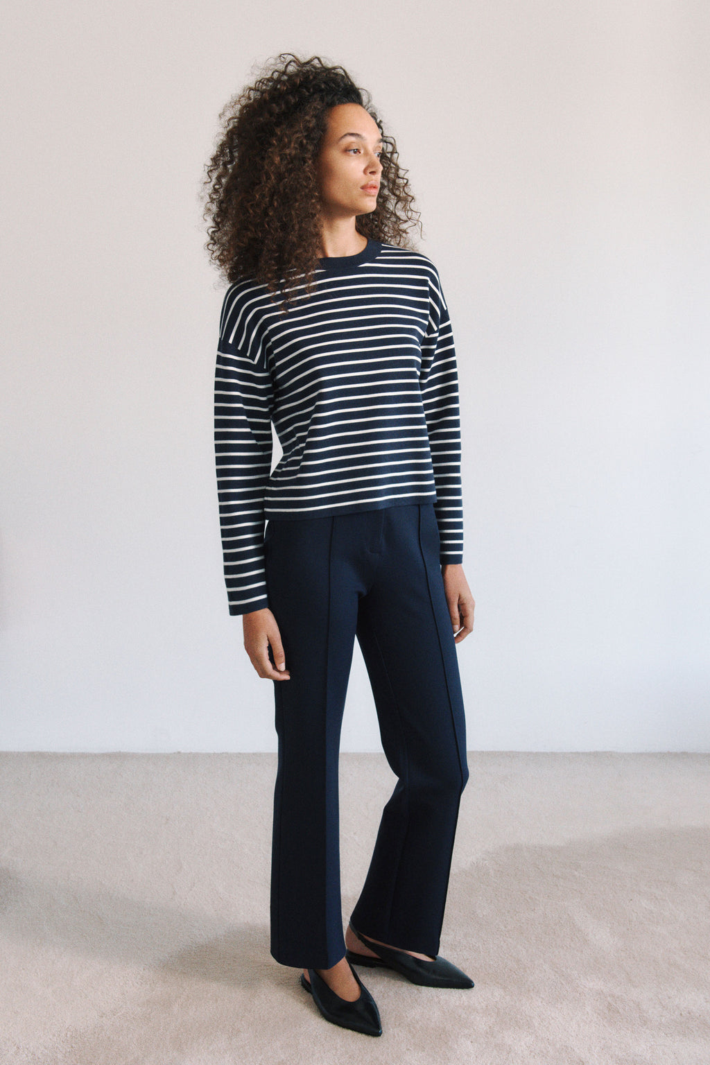 Cotton Crepe Stripe Knit Crew