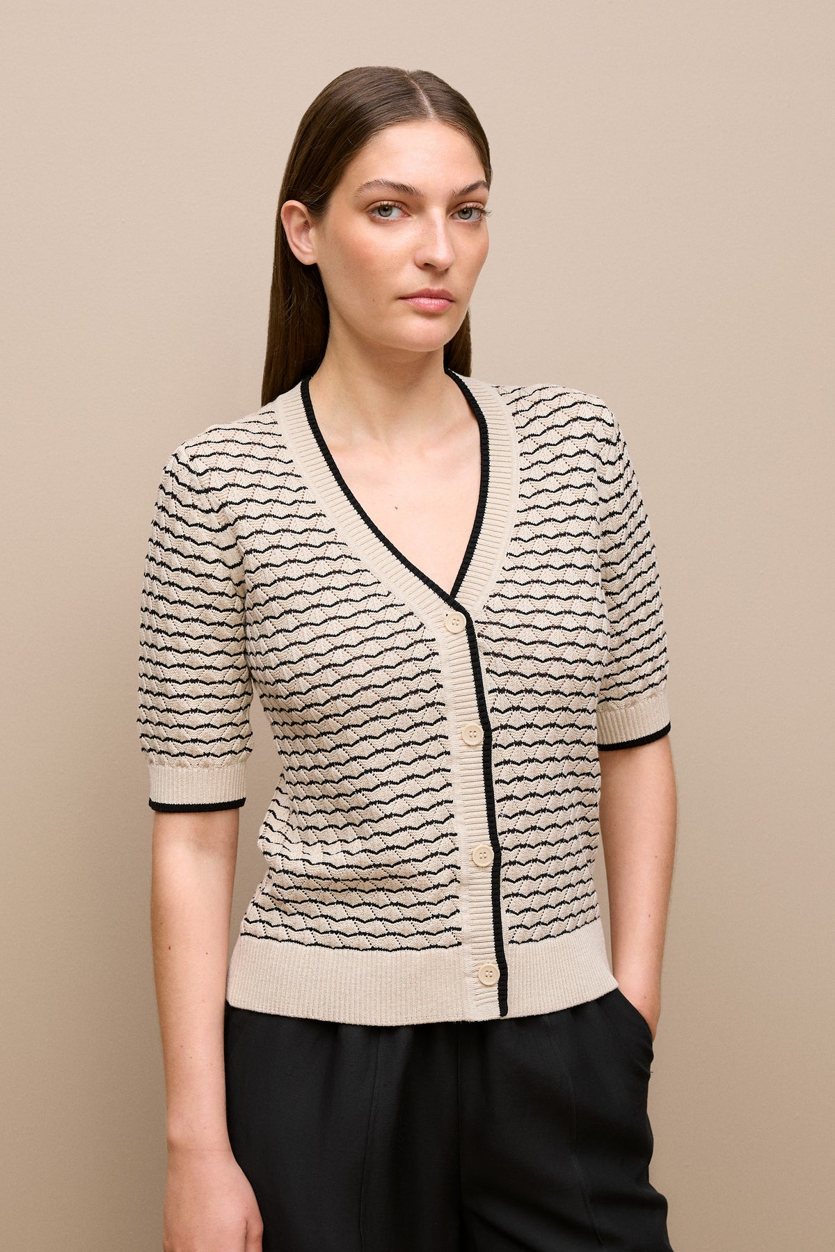 Pointelle Stripe Short Sleeve Cardigan