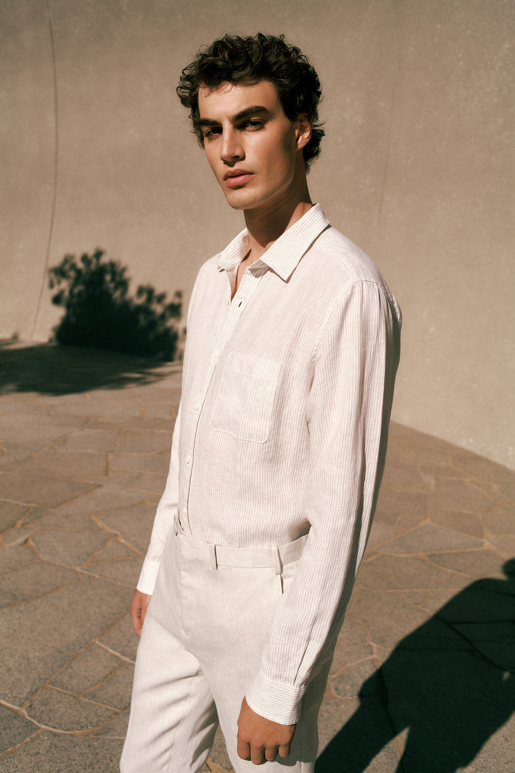 Regular Fit Fine Stripe Linen Long Sleeve Shirt