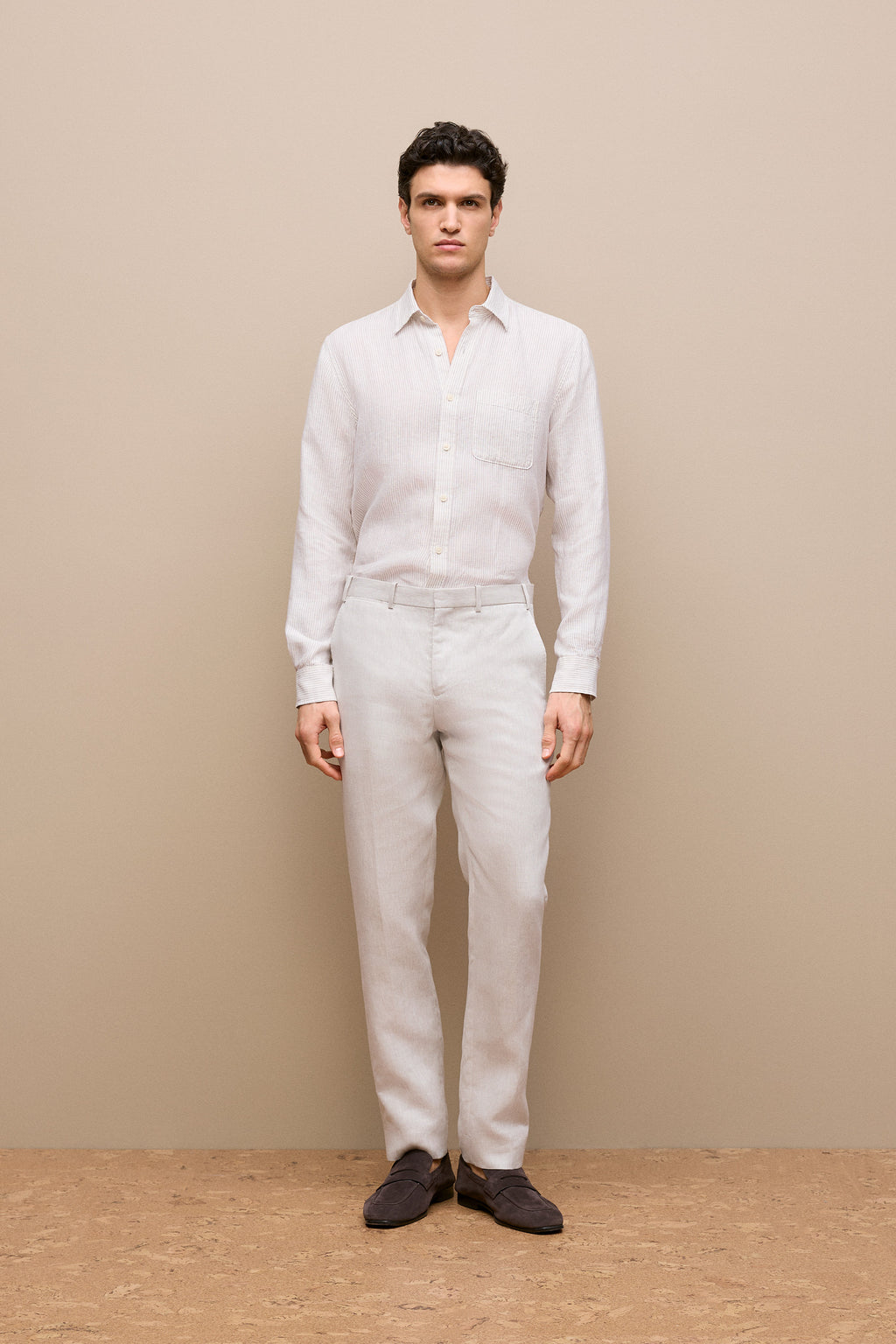 Regular Fit Fine Stripe Linen Long Sleeve Shirt