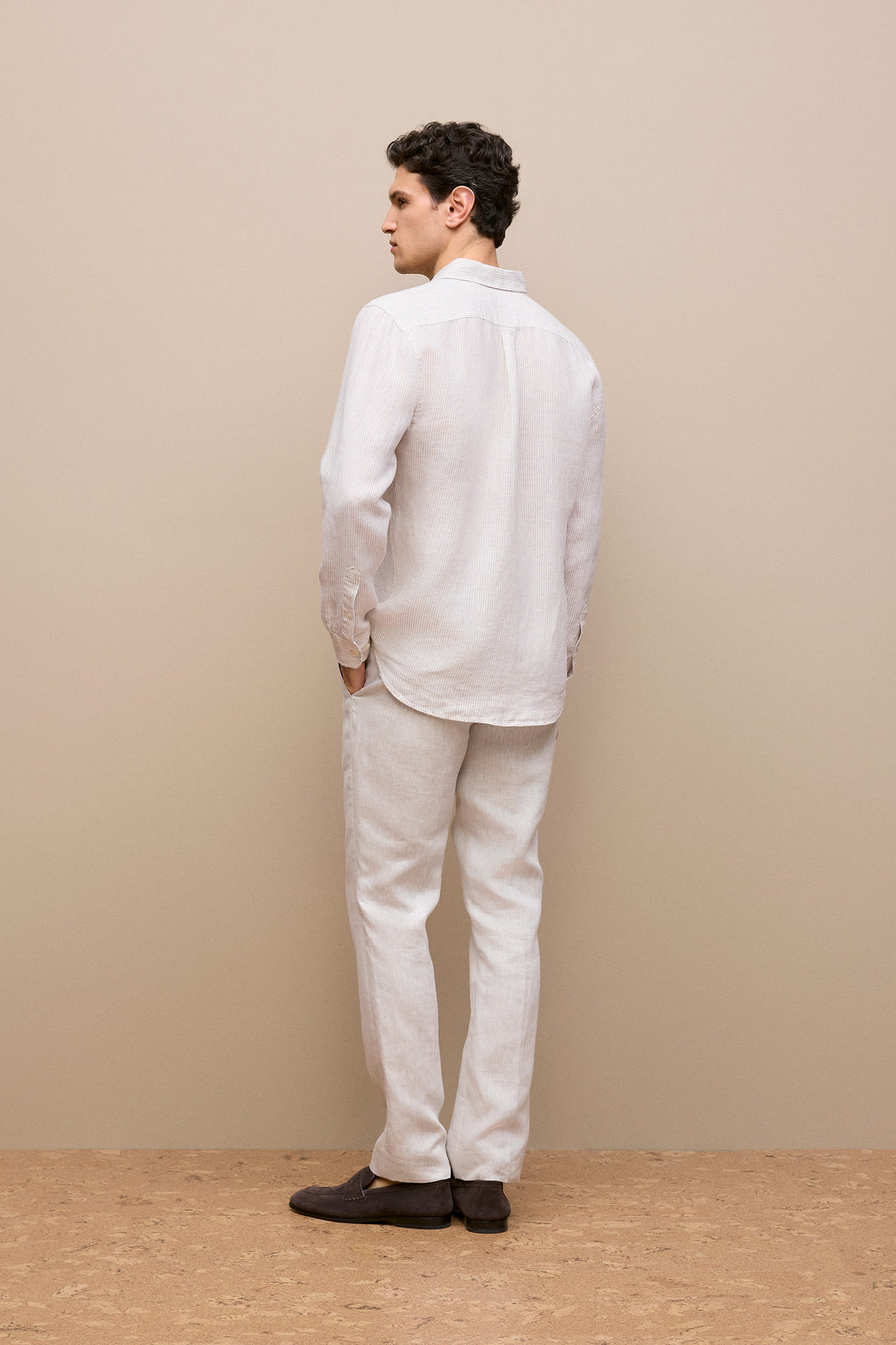 Regular Fit Fine Stripe Linen Long Sleeve Shirt