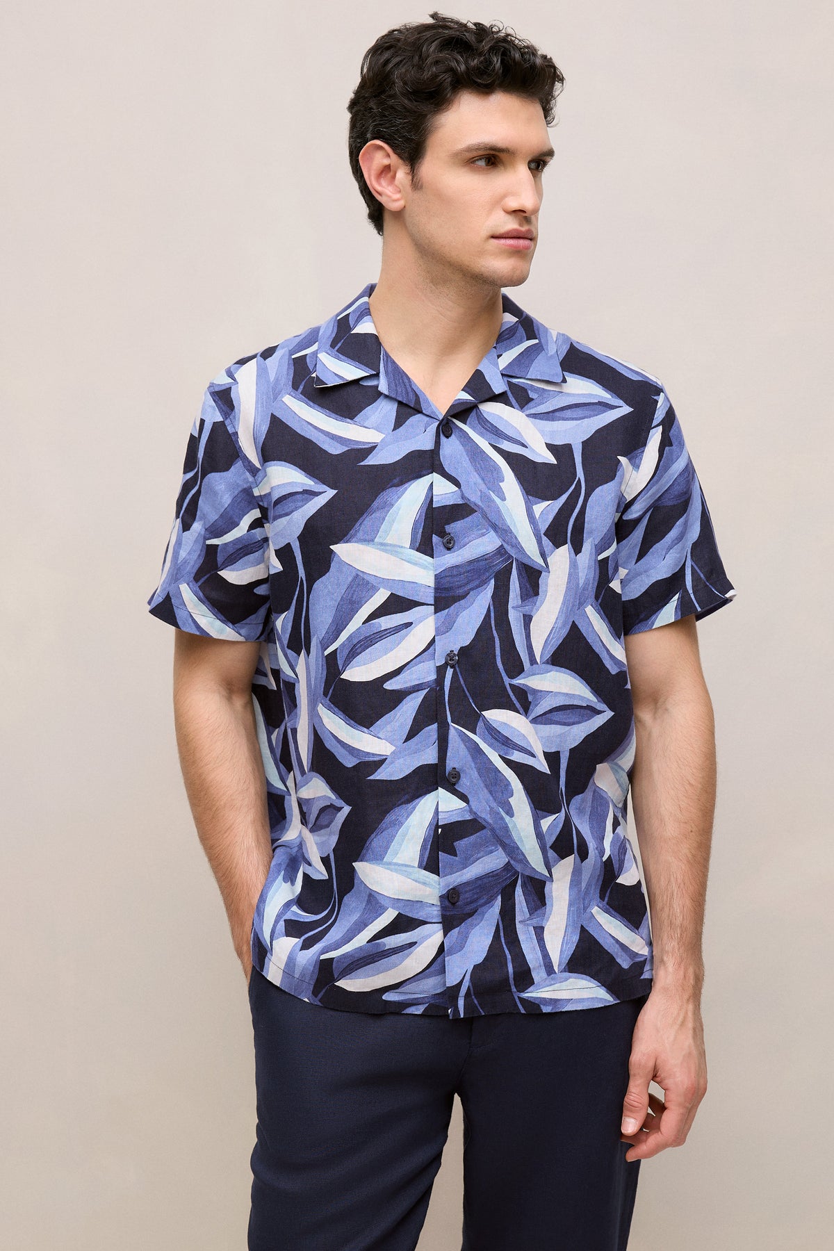 Painted Leaf Linen Camp Shirt