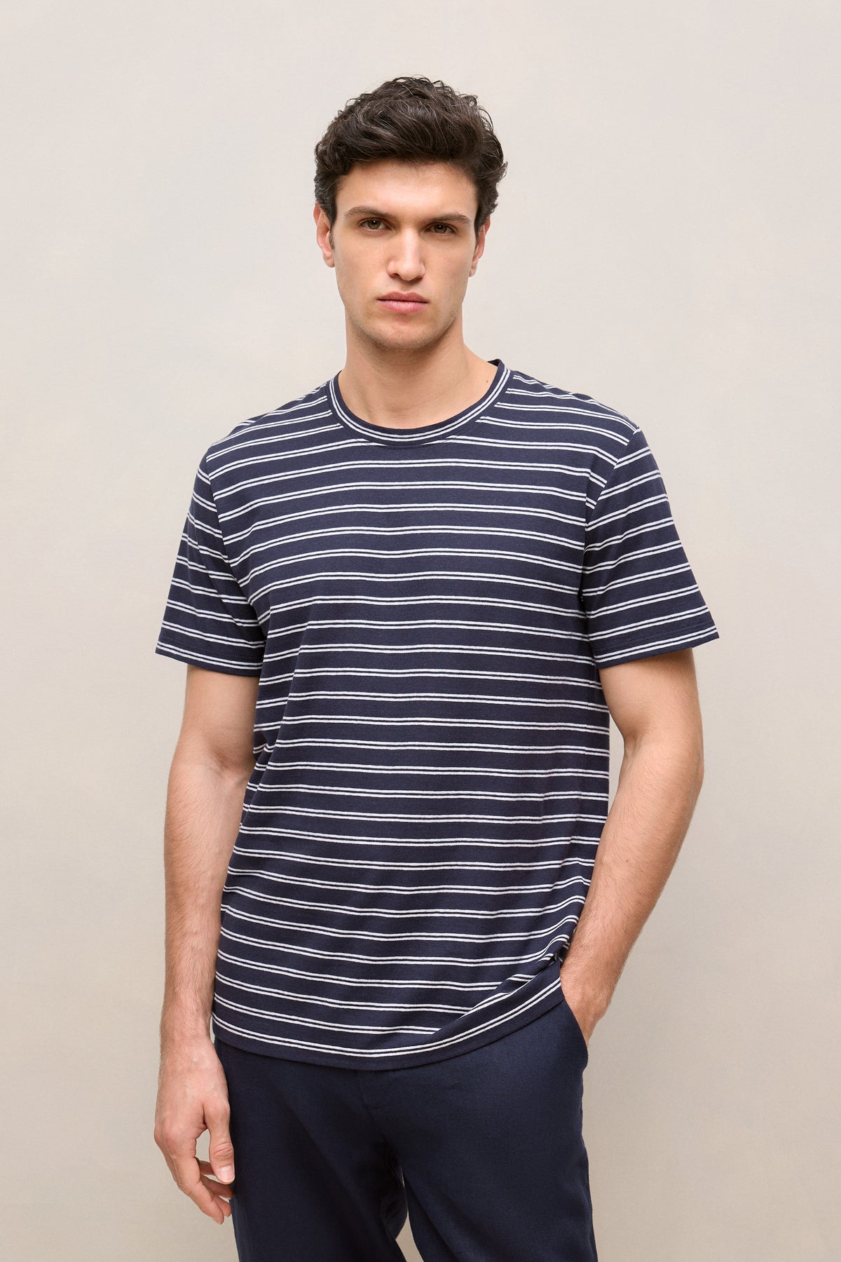 Cotton Linen Double Stripe T-Shirt