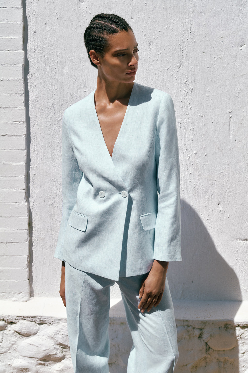 Linen Collarless V Neck Blazer