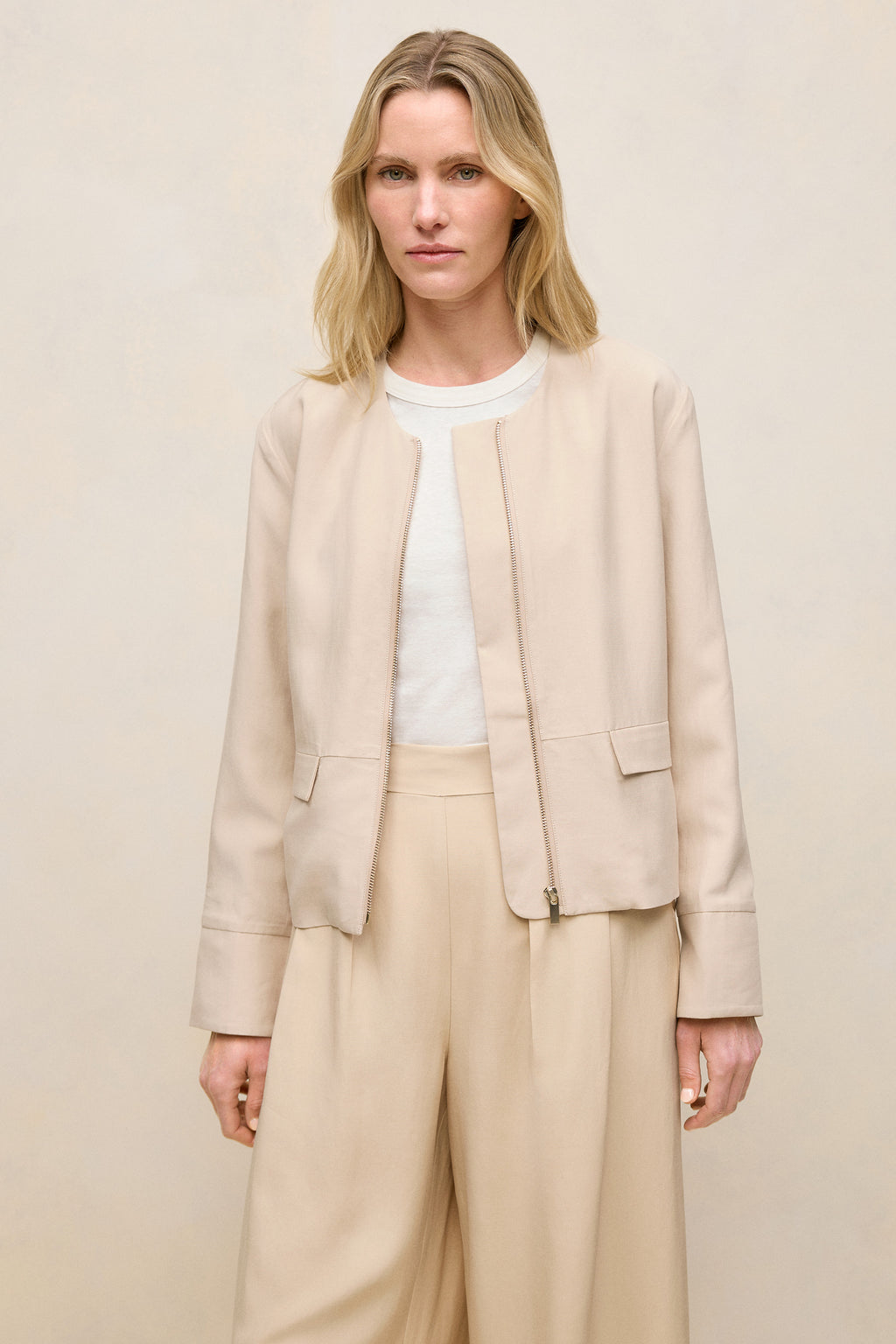 Soft Collarless Blouson Jacket