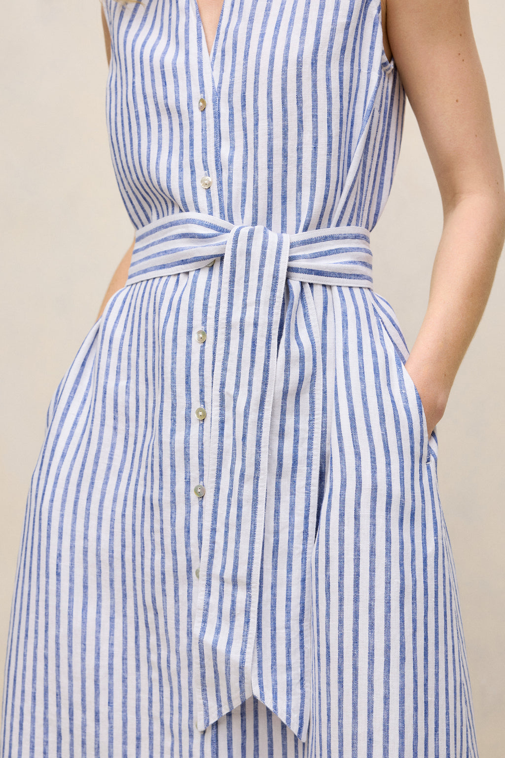 Yarn Dyed Linen Stripe Sleeveless Shirt Dress