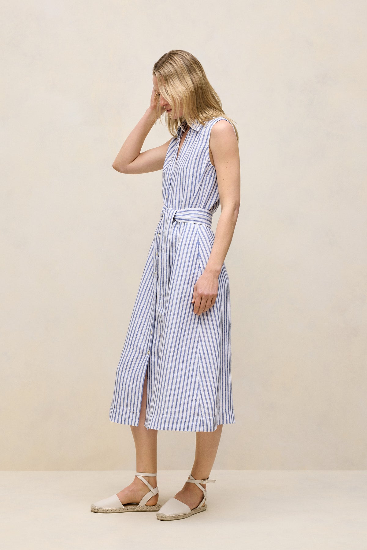 Yarn Dyed Linen Stripe Sleeveless Shirt Dress