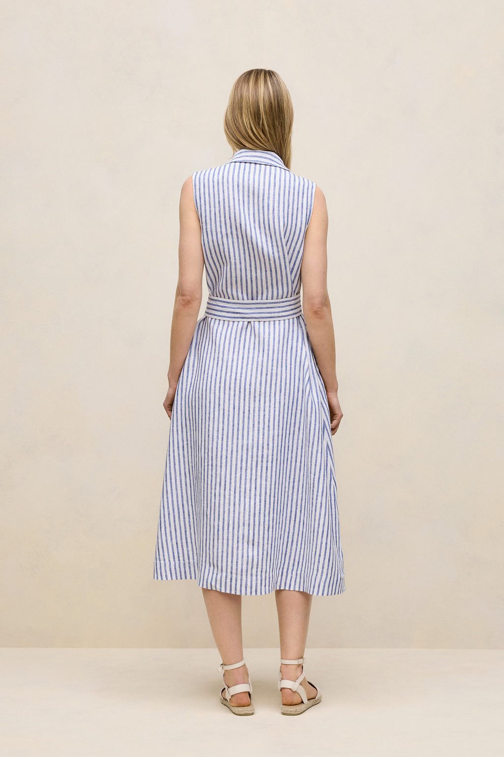 Yarn Dyed Linen Stripe Sleeveless Shirt Dress