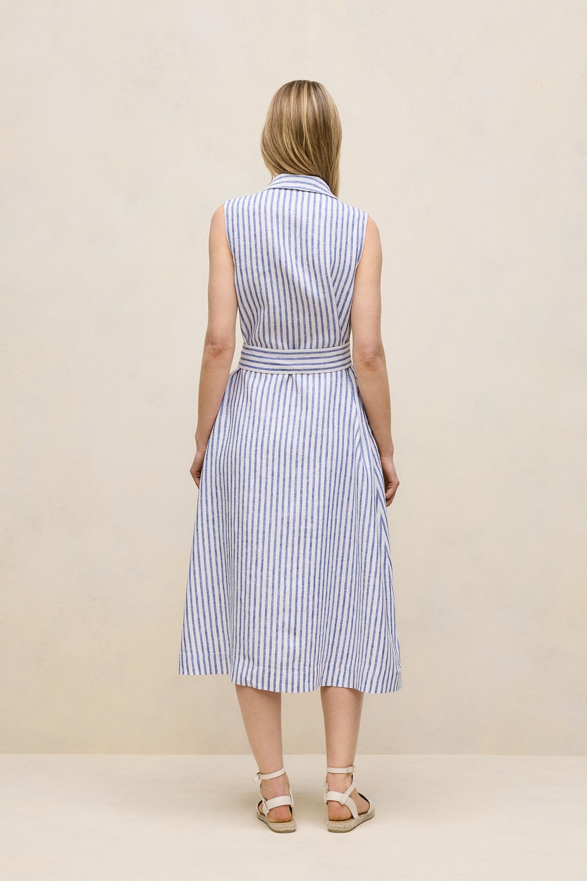 Yarn Dyed Linen Stripe Sleeveless Shirt Dress