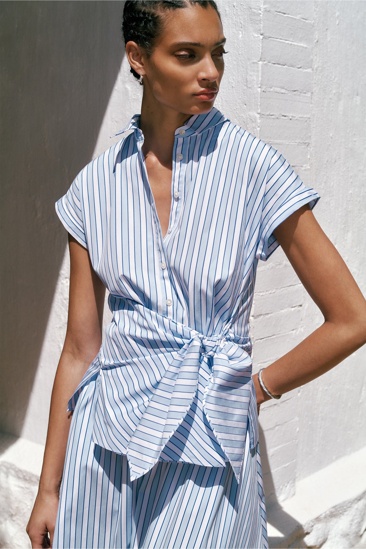 Jacquard Stripe Poplin Tie Front Shirt