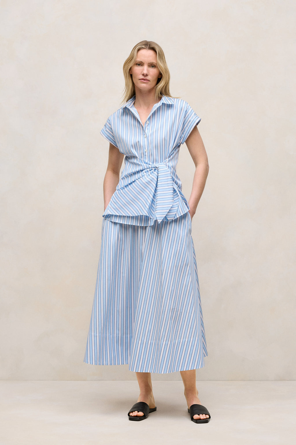 Jacquard Stripe Poplin Tie Front Shirt