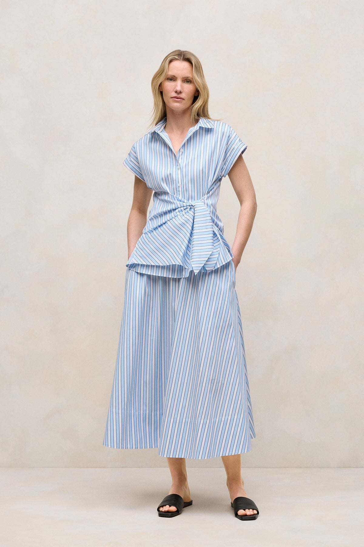 Jacquard Stripe Poplin Tie Front Shirt