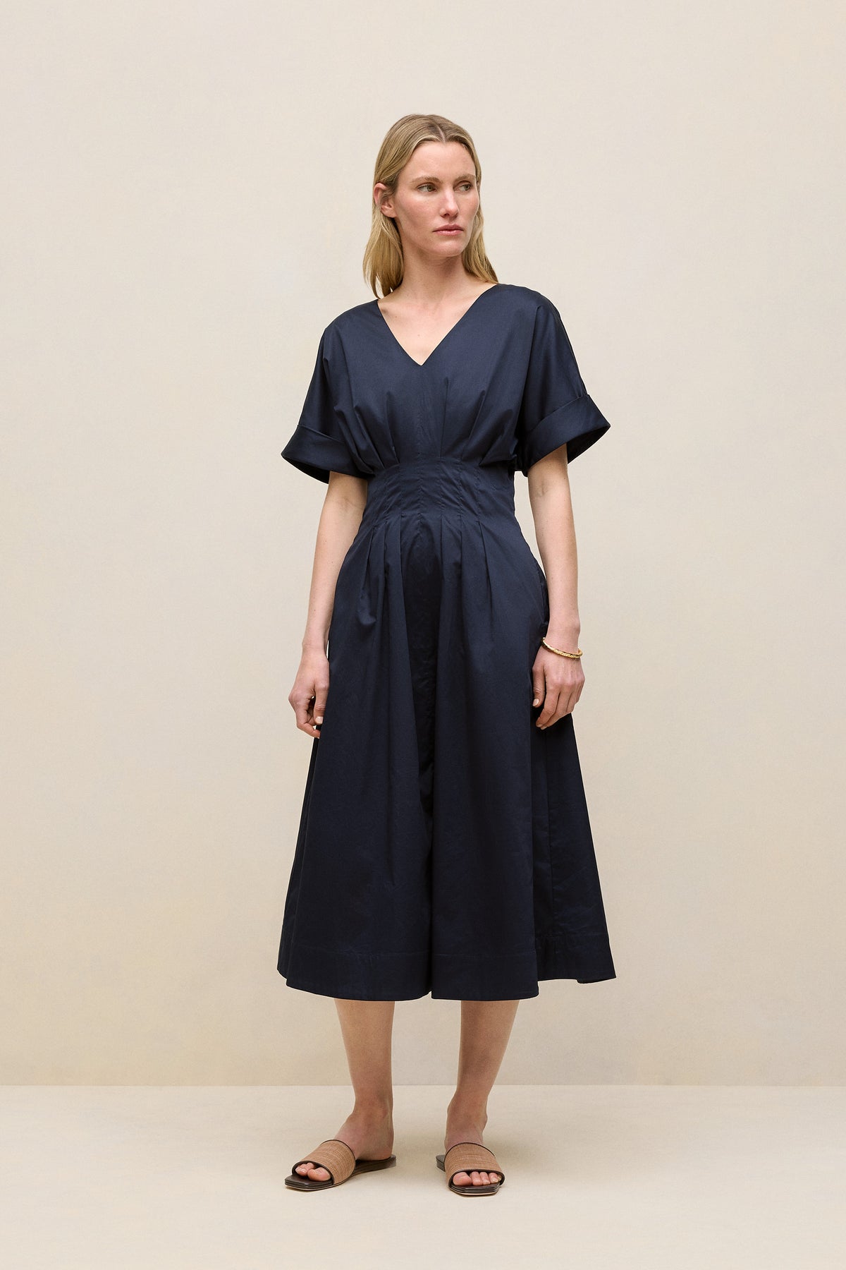 Cotton Sateen Pleat Waist Dress