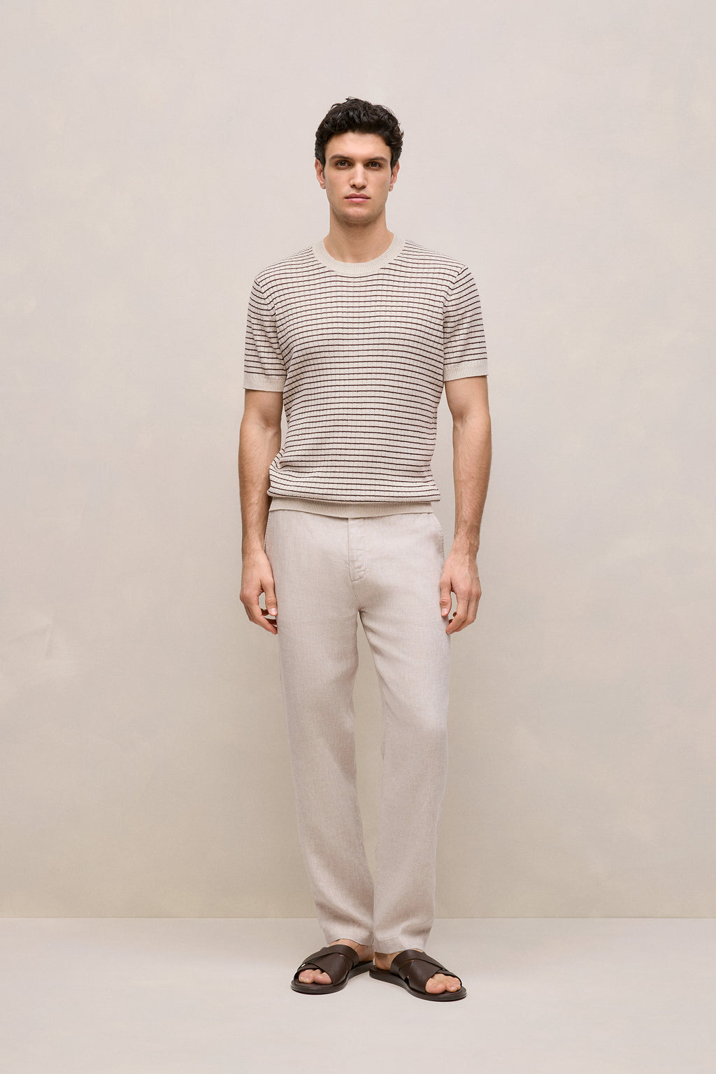 Linen Cotton Rib Stripe Knit T-Shirt