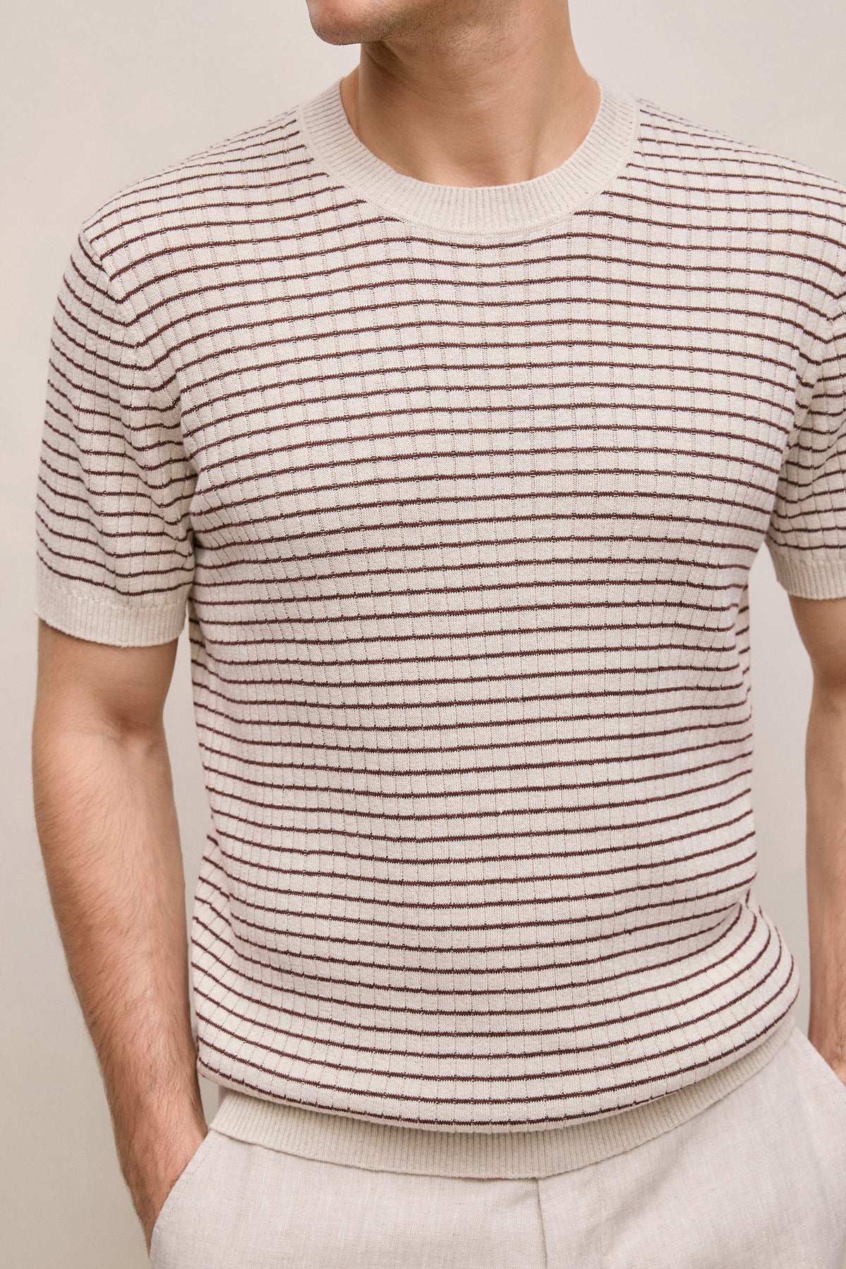 Linen Cotton Rib Stripe Knit T-Shirt