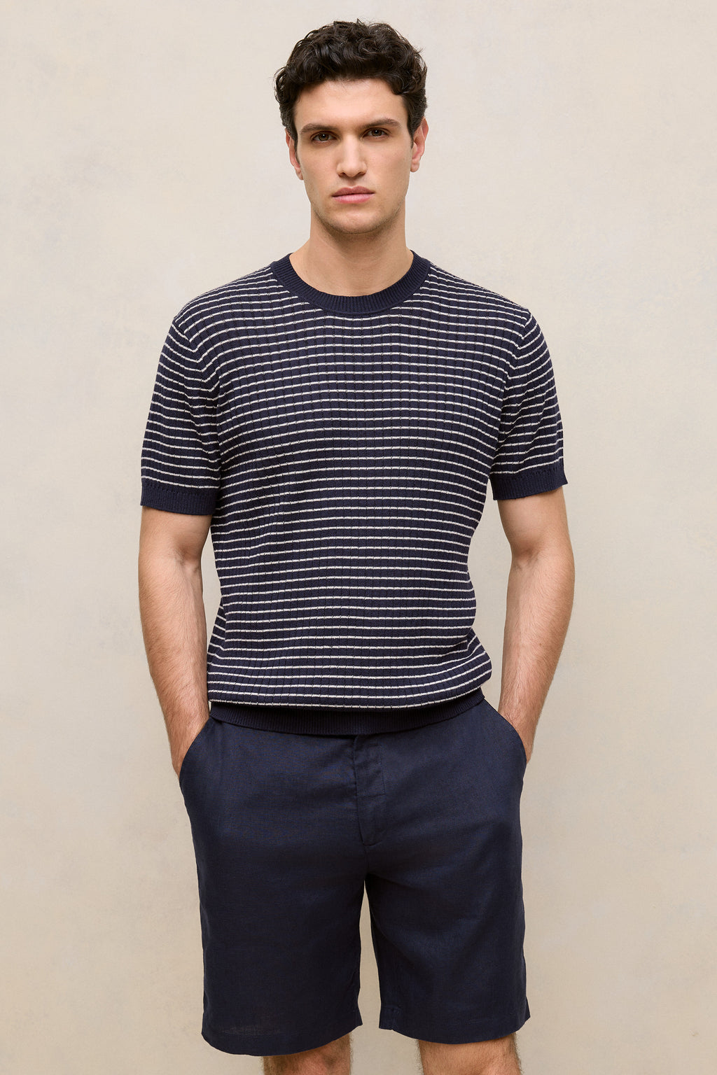 Linen Cotton Rib Stripe Knit T-Shirt