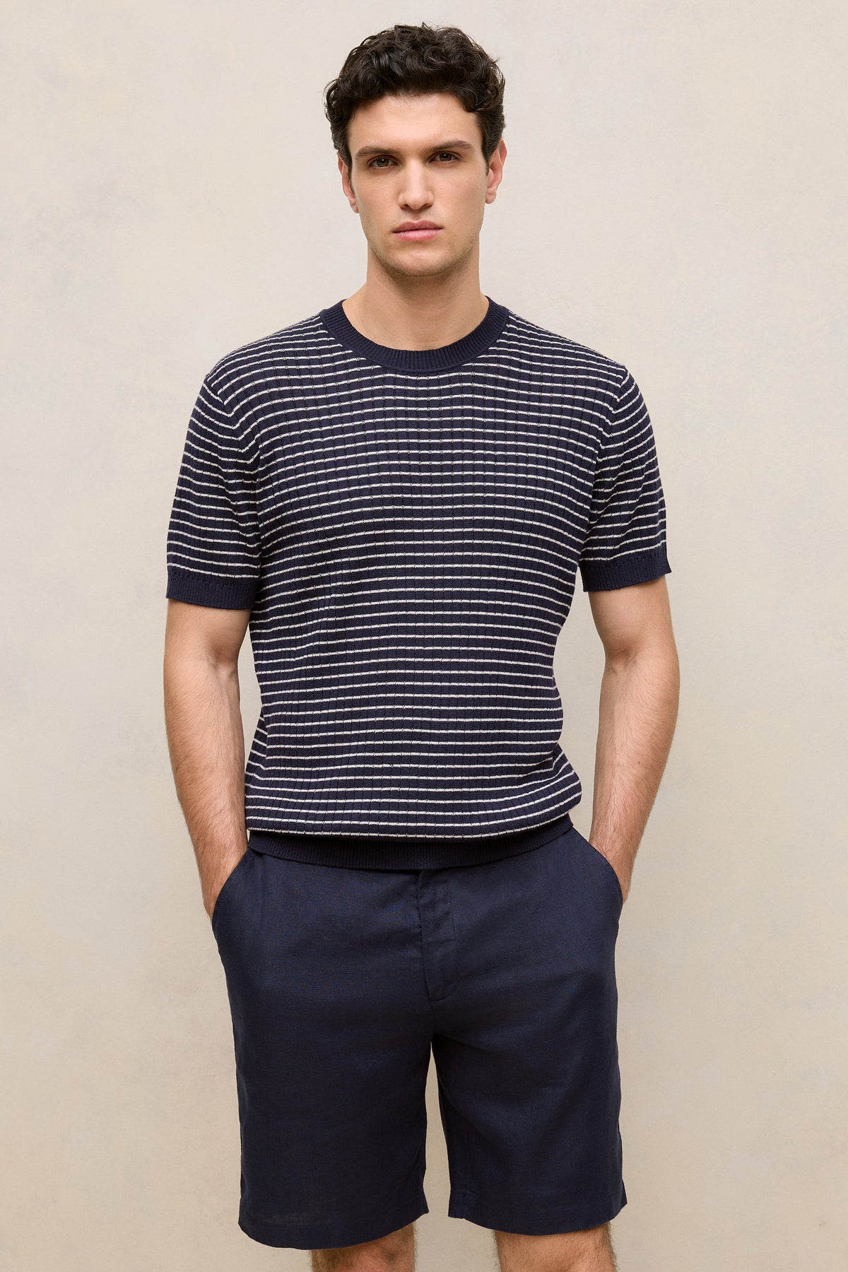 Linen Cotton Rib Stripe Knit T-Shirt