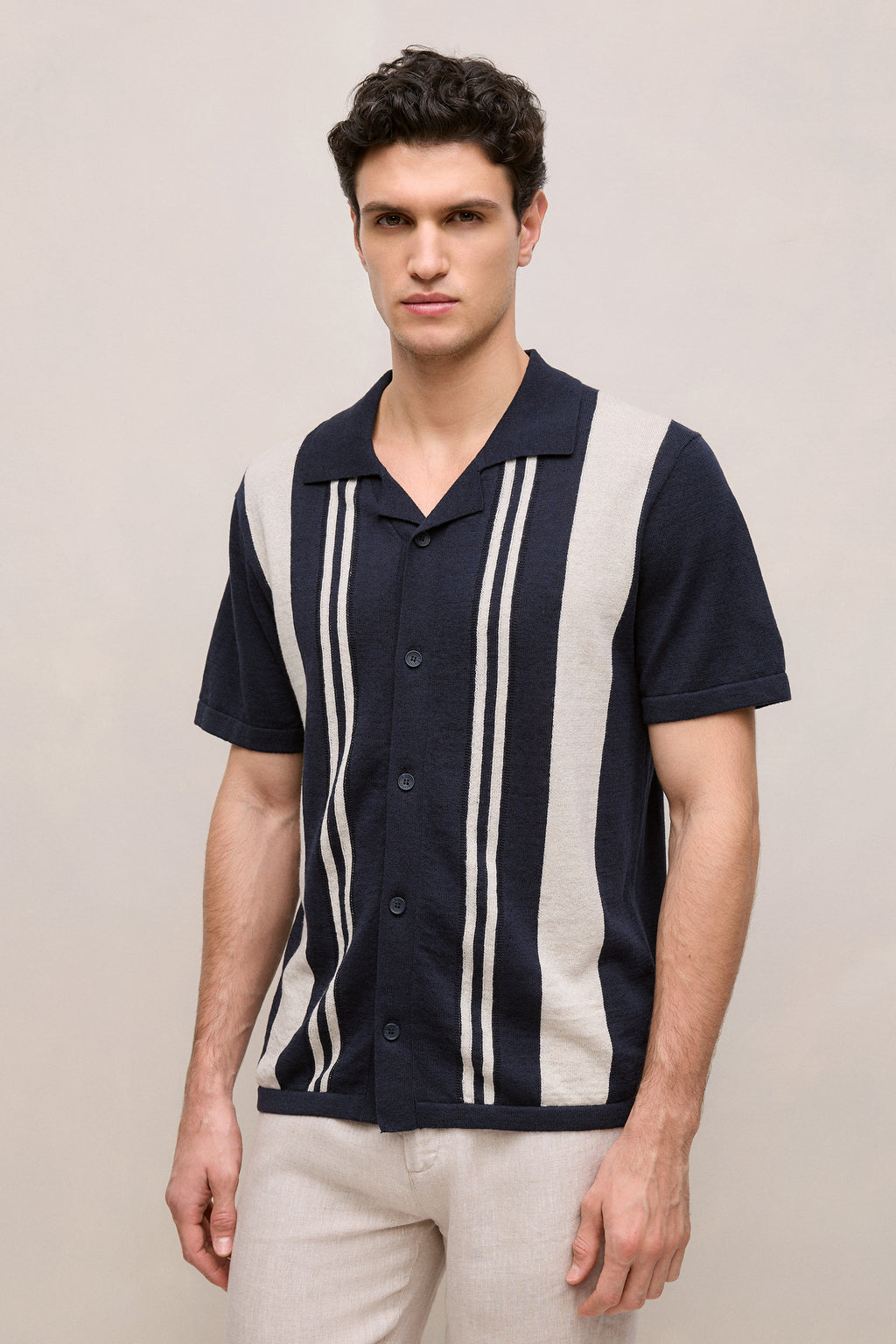 Linen Cotton Stripe Intarsia Knit Shirt