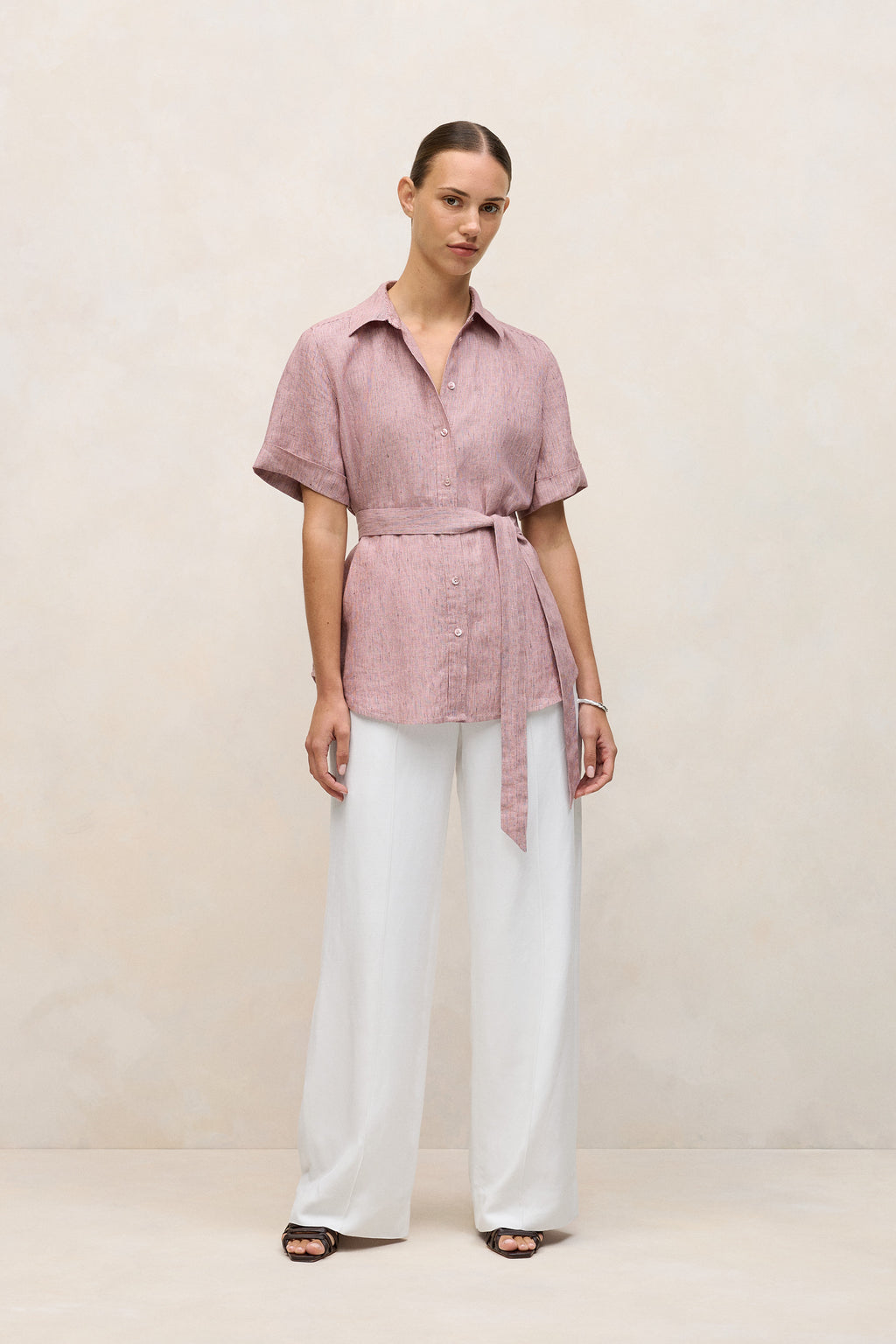 Linen End On End Stripe Belted Shirt