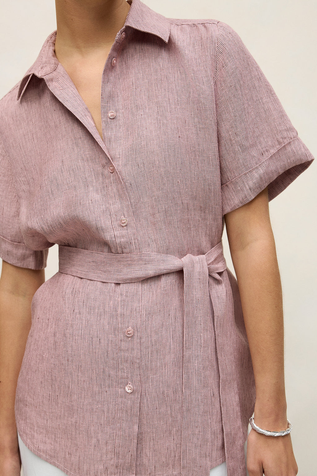 Linen End On End Stripe Belted Shirt