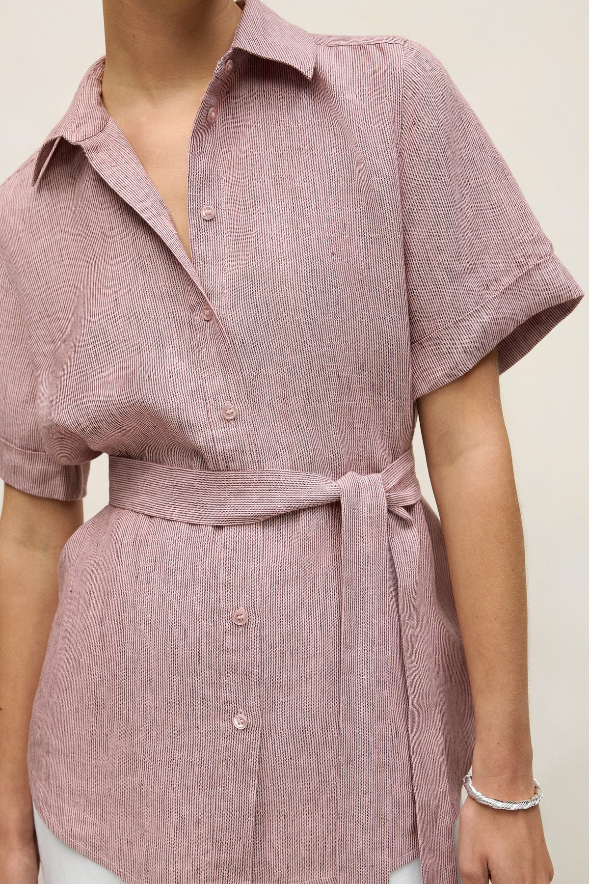 Linen End On End Stripe Belted Shirt