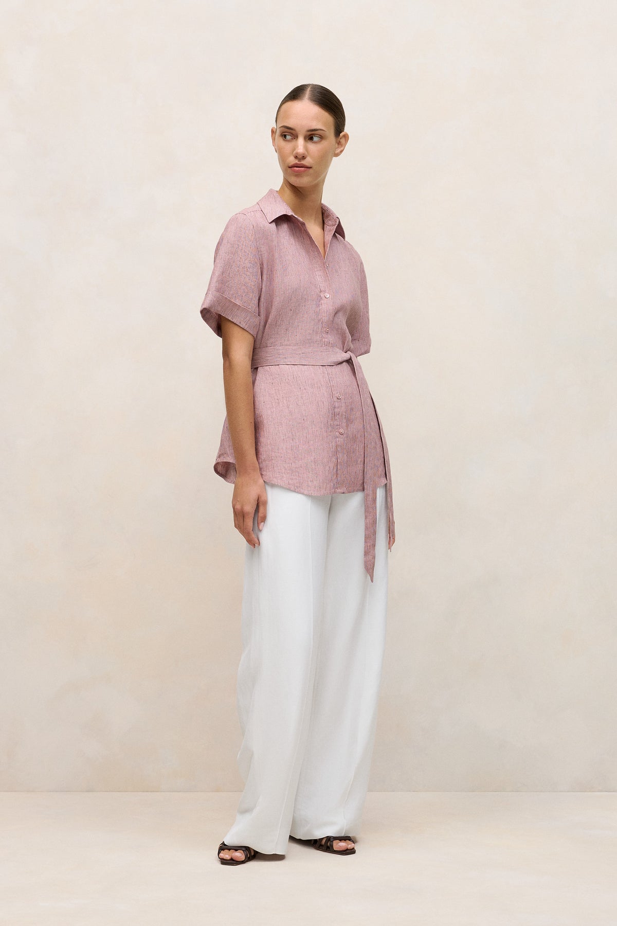 Linen End On End Stripe Belted Shirt