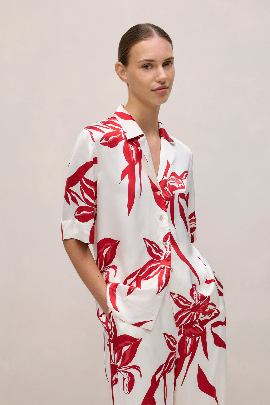 Wild Iris Satin Short Sleeve Shirt