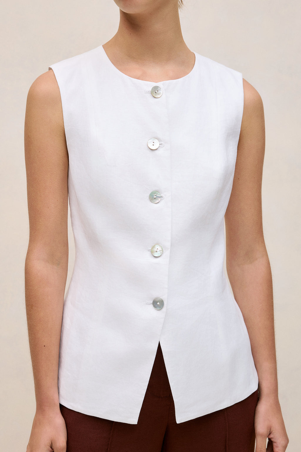 Linen Collarless Button Through Vest