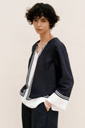 Linen Blend Border Print Popover Shirt