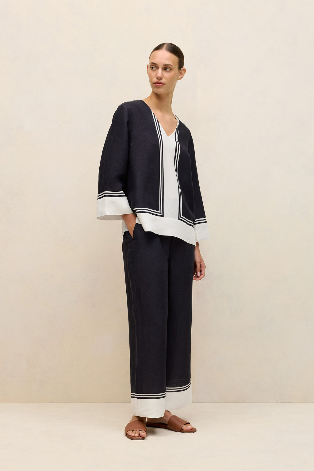 Linen Blend Border Print Popover Shirt