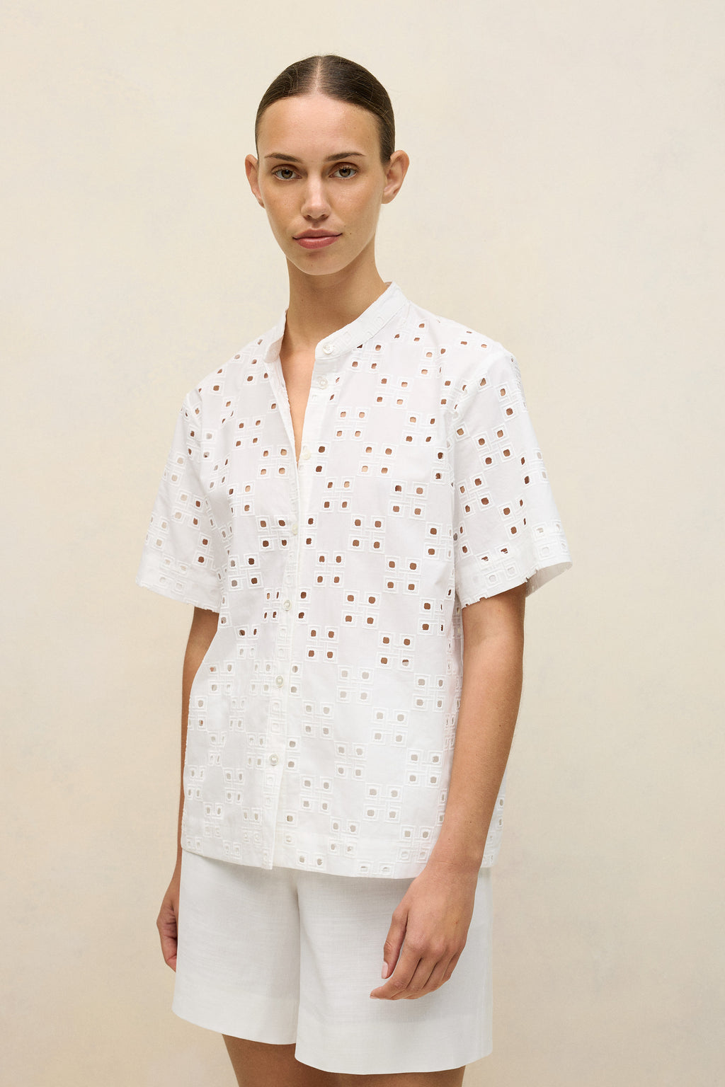 Cotton Geo Cutwork Short Sleeve Shirt